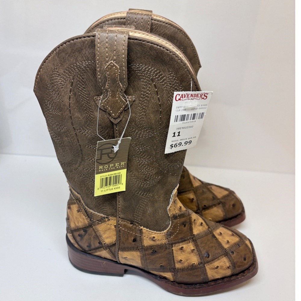 Roper Little Kids Brown Tan Faux Ostrich Patchwork Cowboy Boots 11 09-018-1902